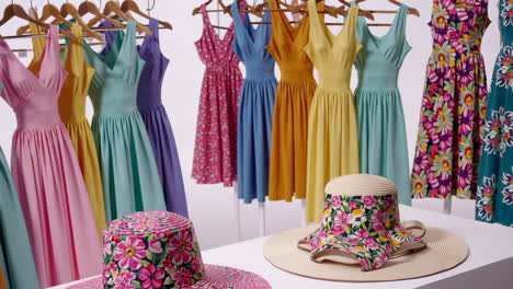 colorful floral dresses and hat display