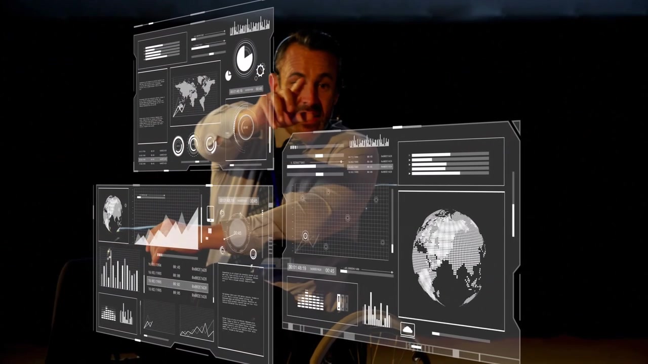 Mature man in wheelchair reaching, swiping HUD charts and globe as panels appear for data analysis