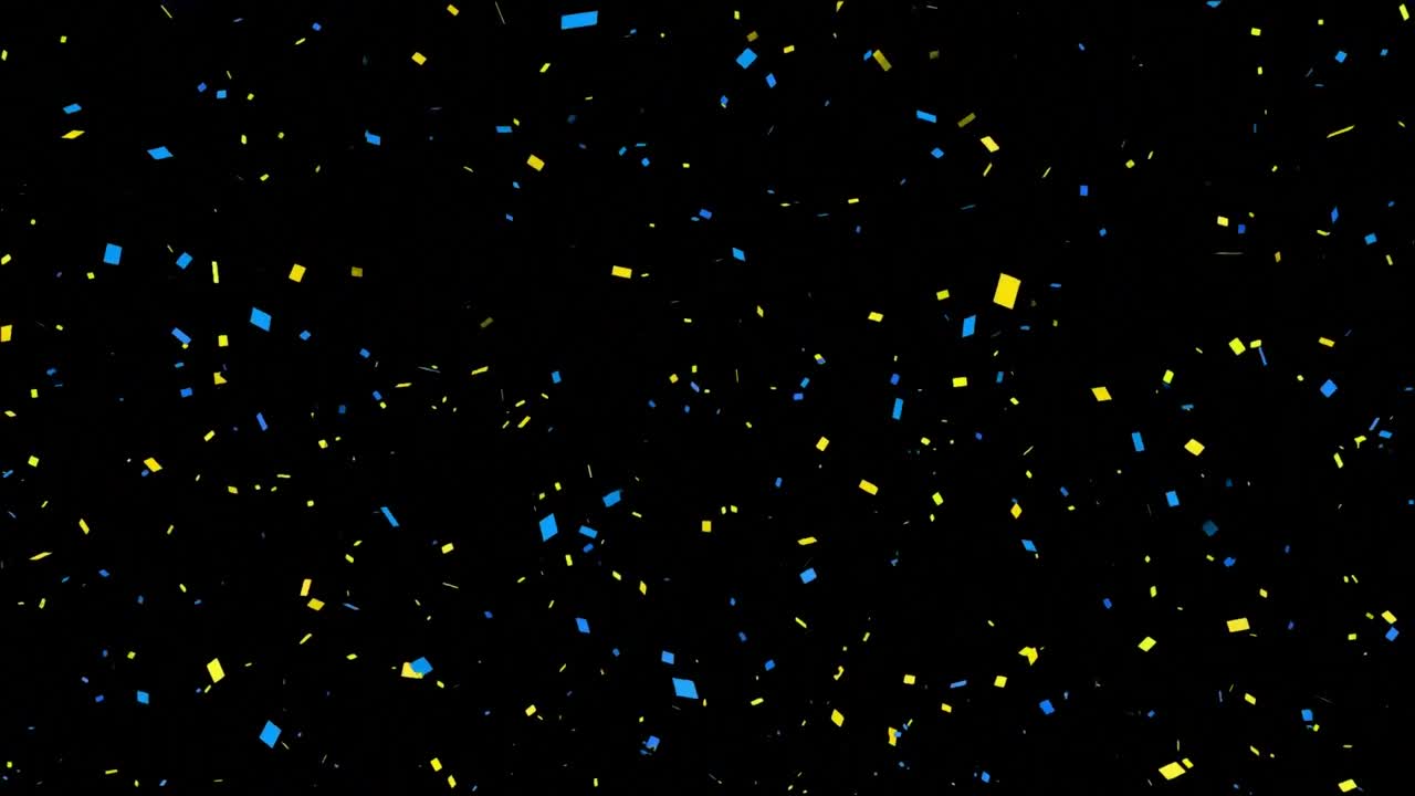 검은 바탕에 떨어지는 노란색과 파란색 콘페티의 애니메이션