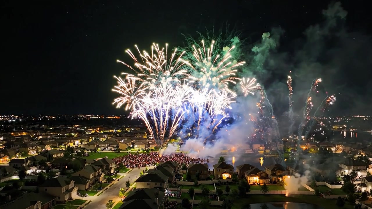 Espetáculo Deslumbrante de Fogos de Artifício Iluminando o Céu Noturno Sobre um Bairro Movimentado, Capturando a Alegria e a Emoção de uma Celebração Festiva