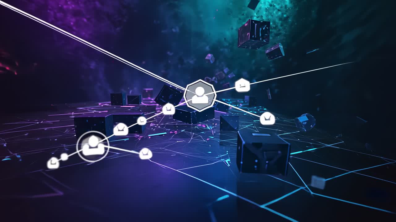 Shooting diagonal line linking user icon to secondary icon on neon grid, mail symbols multiplying