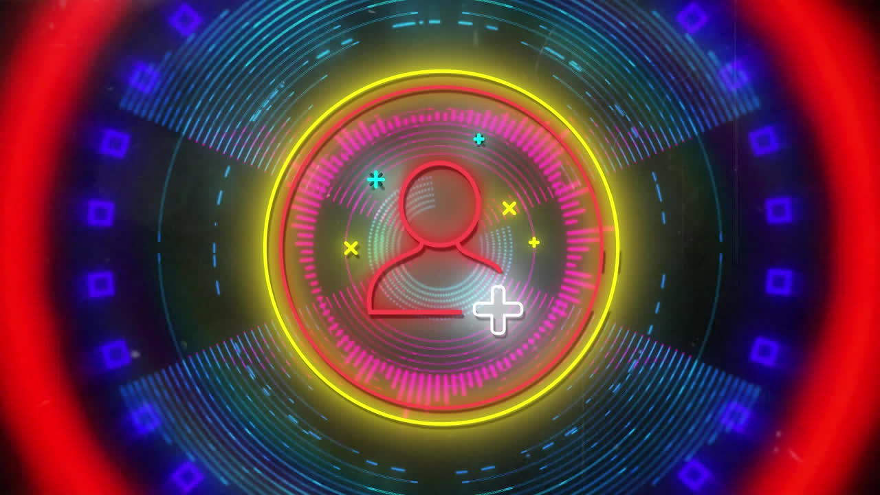 Digital person icon in glowing circle over shapes pulsating