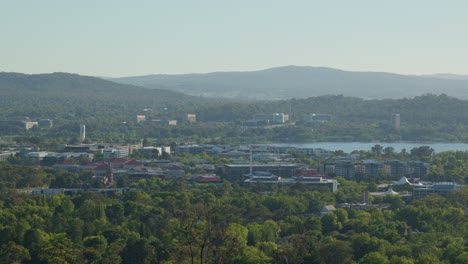 a morning view of the government office buildings in barton, showcasing the commercial and administrative hub of australia’s capital, framed by trees from red hill lookout.