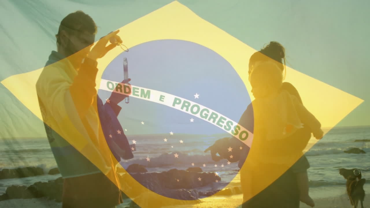 해변에서 아기와 함께 백인 부모 위에 있는 브라질 발의 애니메이션