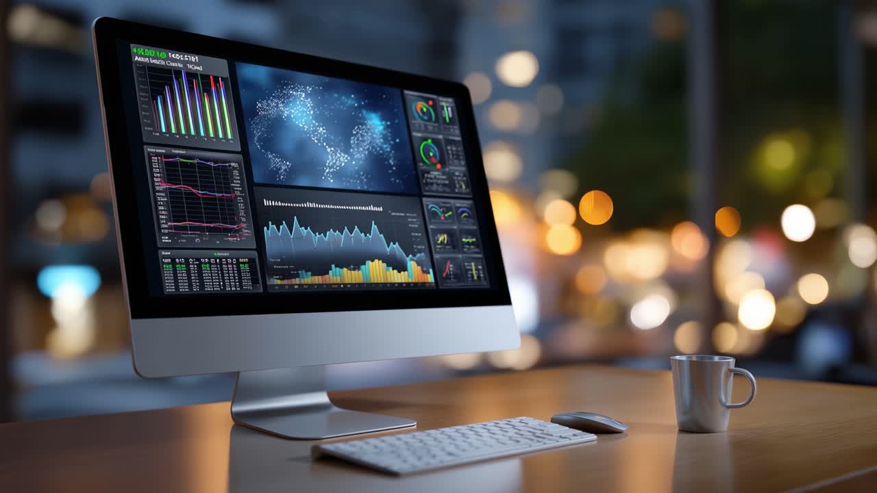 Exploring Data Visualization on a Desktop Computer Displaying Dynamic Graphs and Metrics with a Background of Blurred City Lights