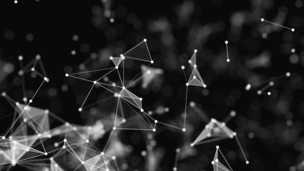 Abstract background, full of white dots, which are connected with white straight lines, on black brurred backdrop. Animation. Zooming composition. Shapes are moving slowly. 4K. Bokeh.