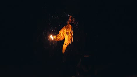 man holding flashlight getting lost in the wilderness with his pet dog during snowfall in the darkness of night