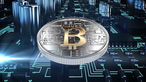 Bitcoin-Plateado-Y-Punto-De-Luz-Moviéndose-Sobre-Las-Conexiones-Del-Circuito.