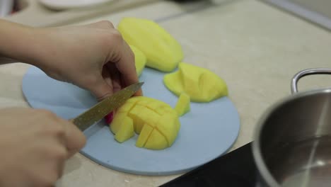 mujer cortando patatas en la tabla de cortar azul