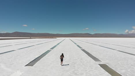 aerial de una figura solitaria corriendo a lo largo de los pozos de extracción de las salinas de salinas grandes, argentina