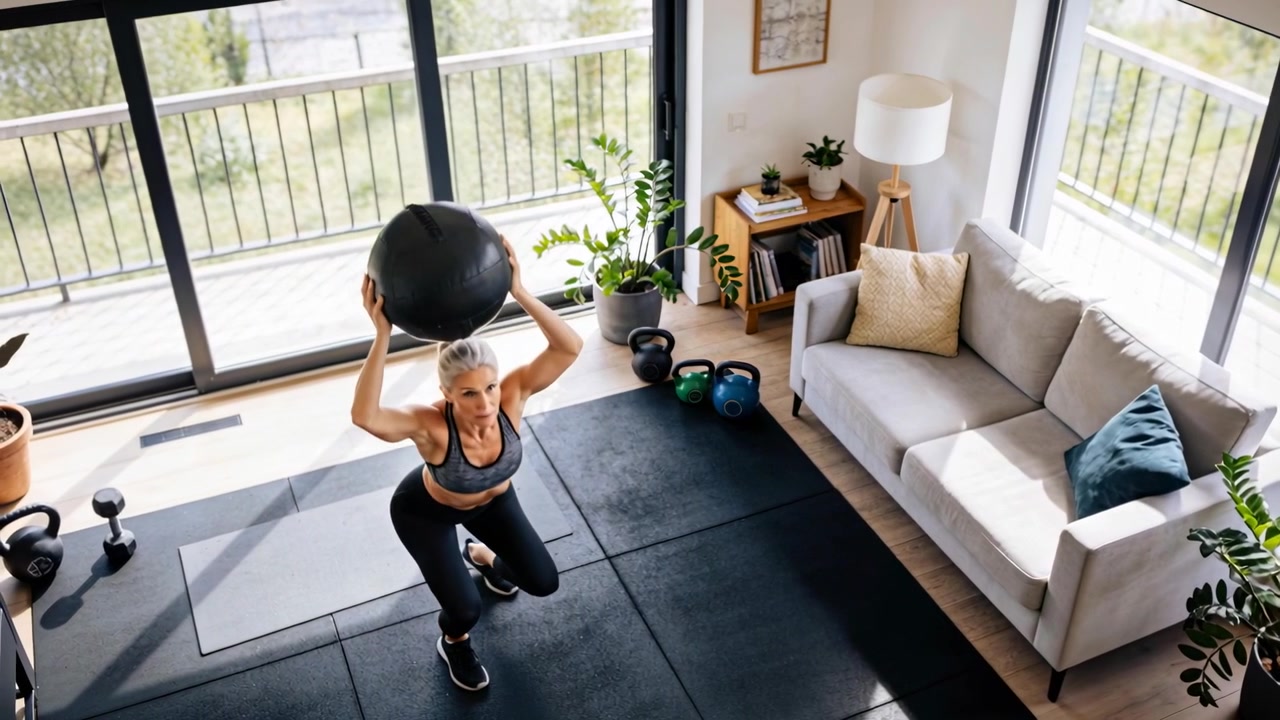 Holding medicine ball overhead, woman lunging on mat in living room for fitness, in sportswear