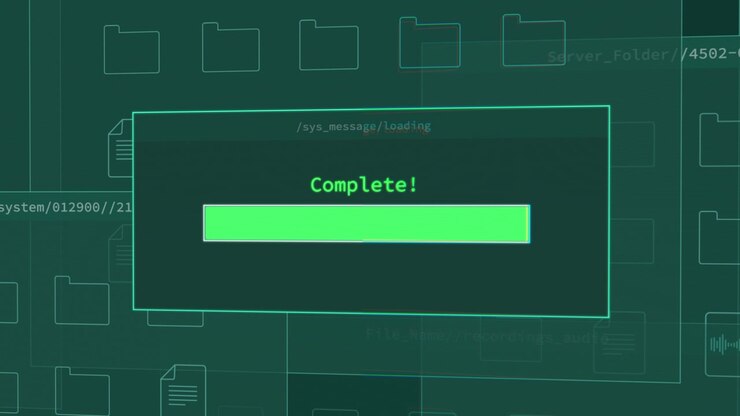 Close up on progress bar loading info in file system secret files and documents. Classified government server. Hacker sending and transferring data and information. Digital secured files and folders