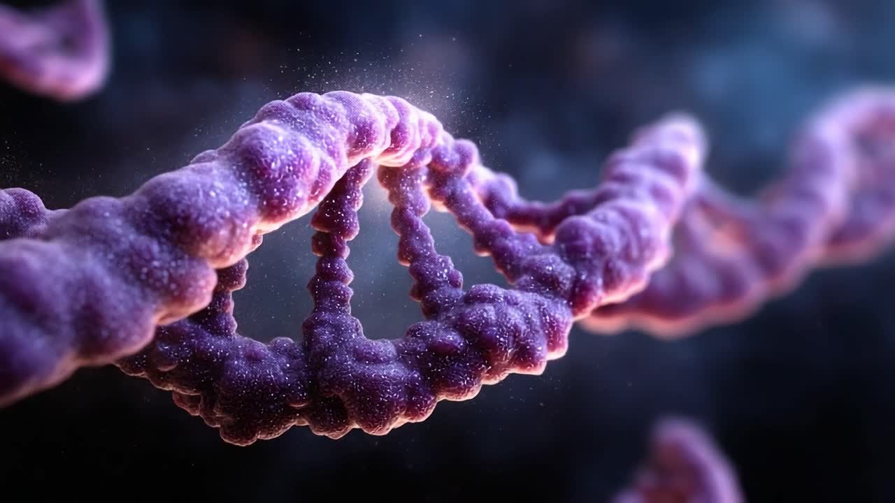 Captivating Visualization of DNA Structure: A Beautifully Detailed Representation of Genetic Material in Stunning Colors and Textures Under a Mysterious Background