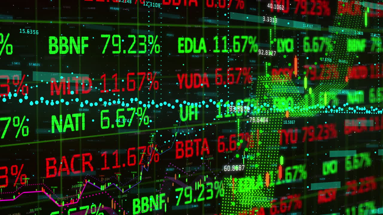 Animazione di un tabellone di trading su più grafici con numeri variabili su sfondo nero.