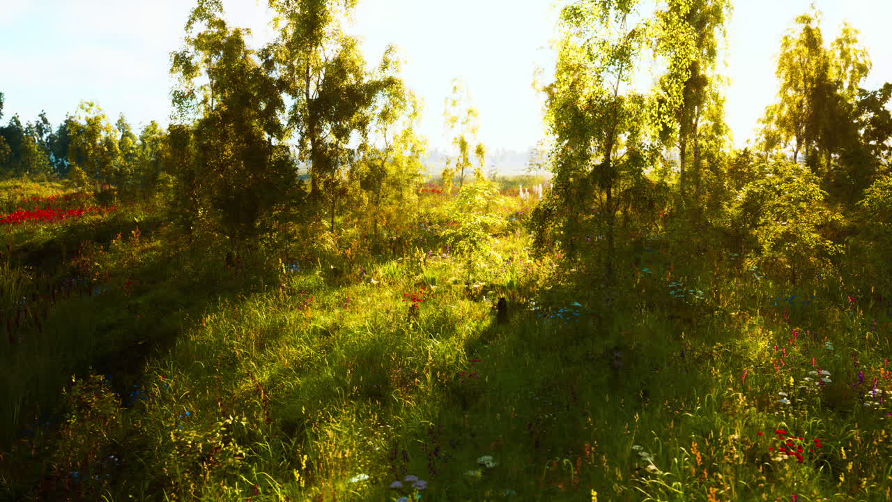 солнечный луг с дикими цветами и деревьями