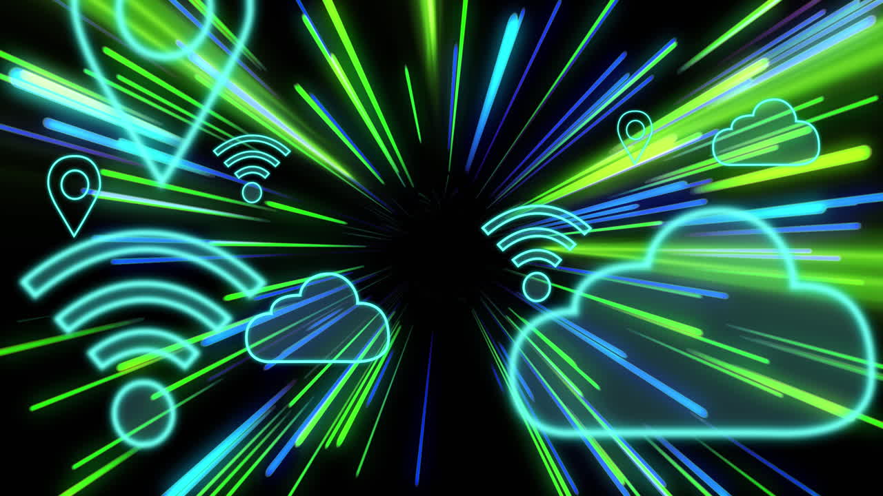 animación de iconos wifi y en la nube, procesamiento de datos a través de rastros de luz de transferencia de datos