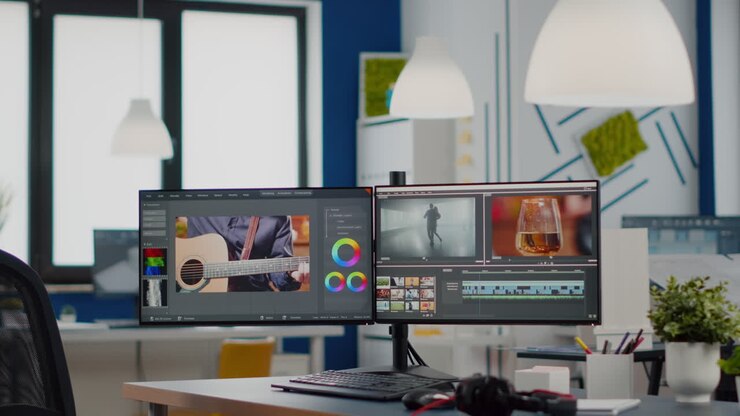 Empty modern creative agency office with dual monitors setup