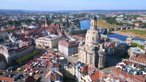 fantastic aerial top view flight dresden city women church frauenkirche city town germany, summer sunny blue sky day 23