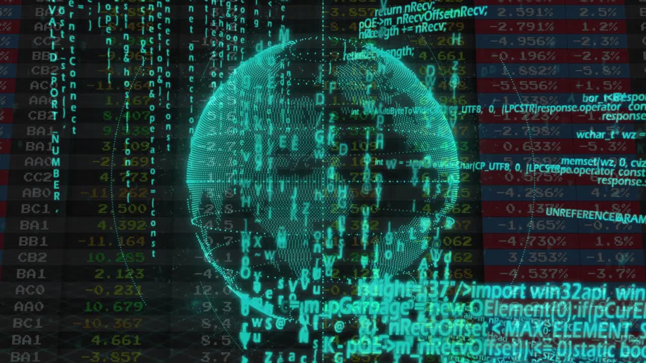 Floating 3D globe displaying cascading alphanumeric streams and numerical tables in cyber interface