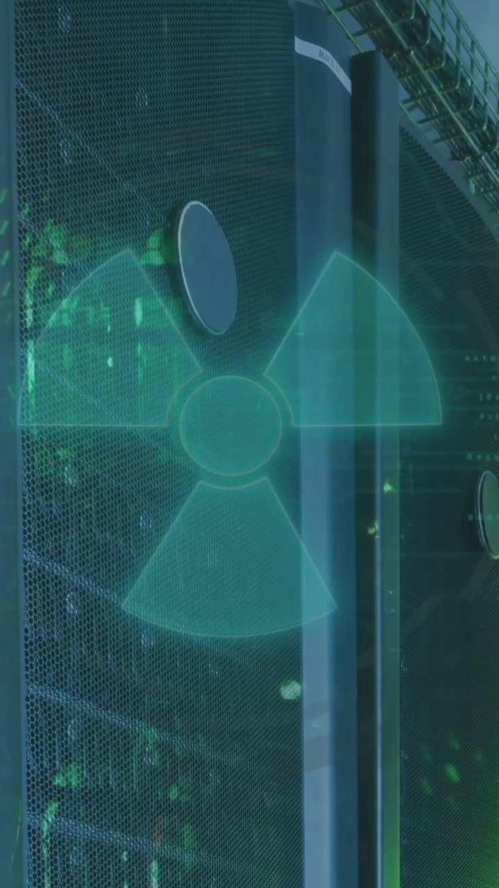Animation of radioactive materials warning symbol over processing data and server room