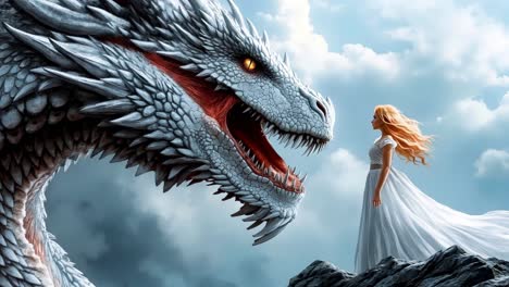 a woman in a white dress standing next to a white dragon