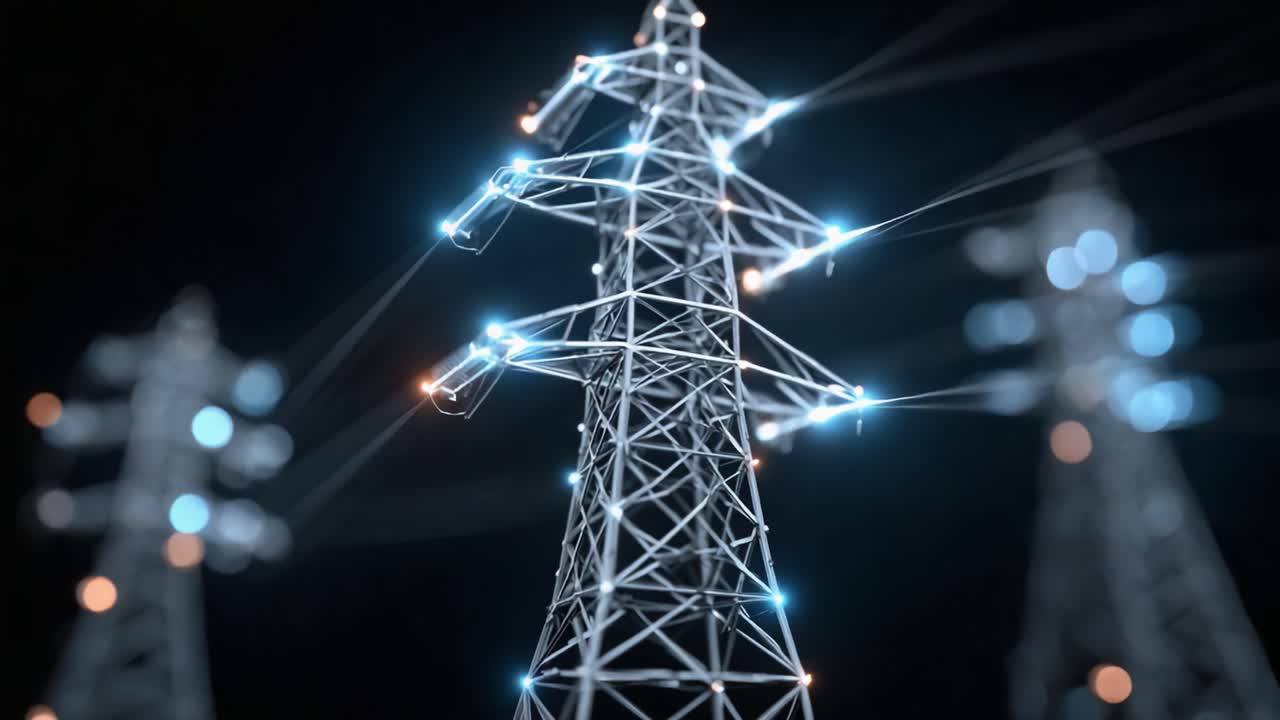 A visually striking representation of power lines casting a futuristic glow, showcasing the intricacy of electrical transmission towers against a dark background