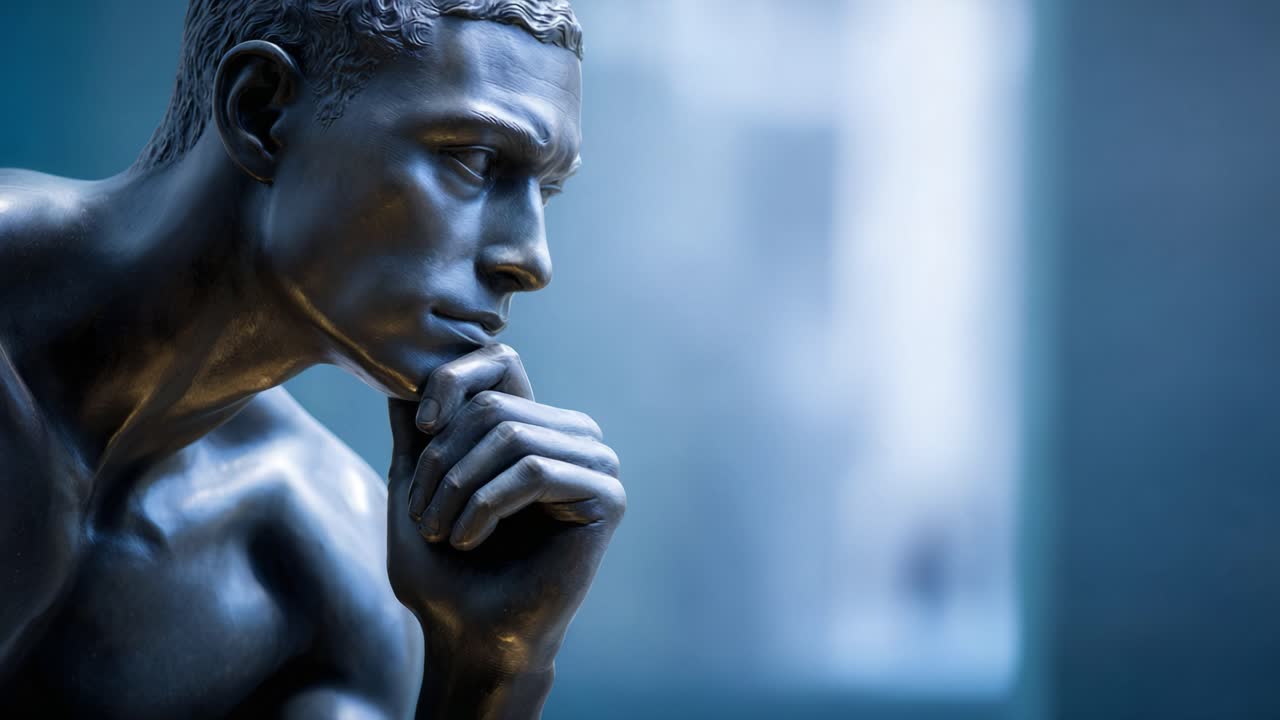 A Thoughtful Bronze Sculpture Capturing the Essence of Contemplation and Introspection in Modern Art with a Striking Blue Background Highlighting Emotion
