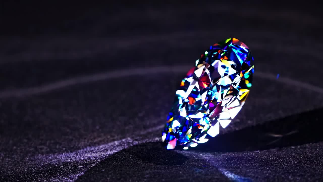 Close-up video of a sparkling diamond on a dark surface, captured from a low angle