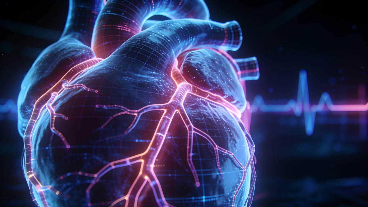 Rotating 3D heart showing neon vessels pulsing with ECG pulse in dark studio, showing ECG link