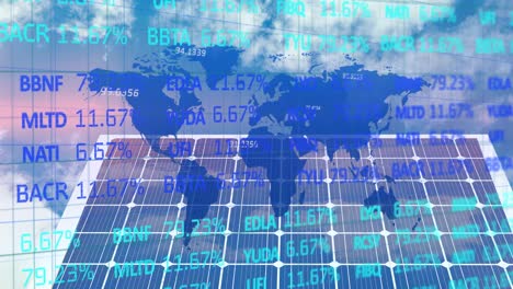 Stock-market-data-processing-over-world-map-against-solar-panel-in-background