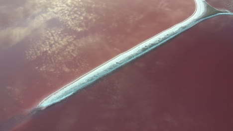 abstract aerial scenery of pink lake waters with sky reflection and salt barrier on summer day, drone tit up shot