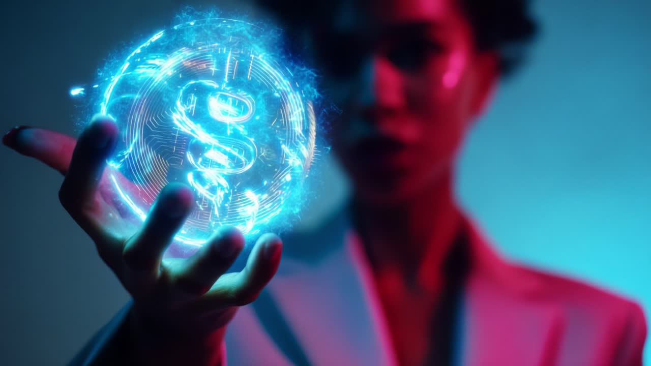 Aster illuminated symbol of wealth, represented by a glowing dollar sign in a person's hand, showcasing financial concepts with vibrant colors and modern aesthetics