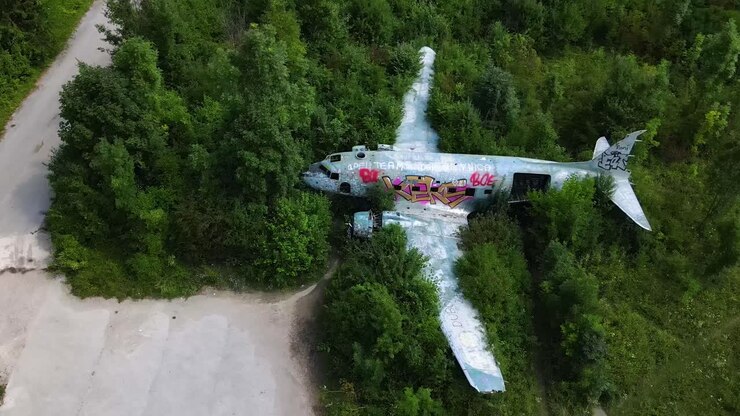 Luftfoto af Zeljava flybase i Kroatien og forladt Douglas C-47 fly