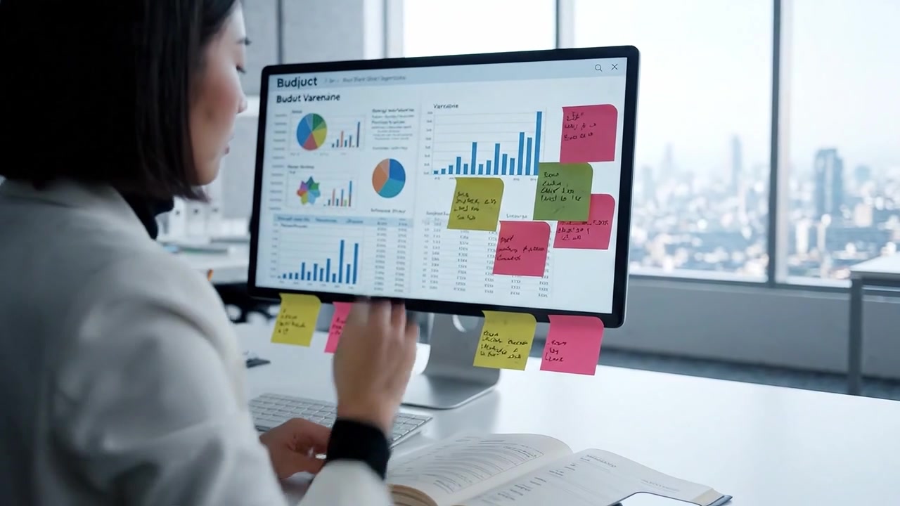 Analyserer budsjettdata og visualiseringer med huskelapper for forbedret innsikt i et moderne kontormiljø med naturskjønn byutsikt