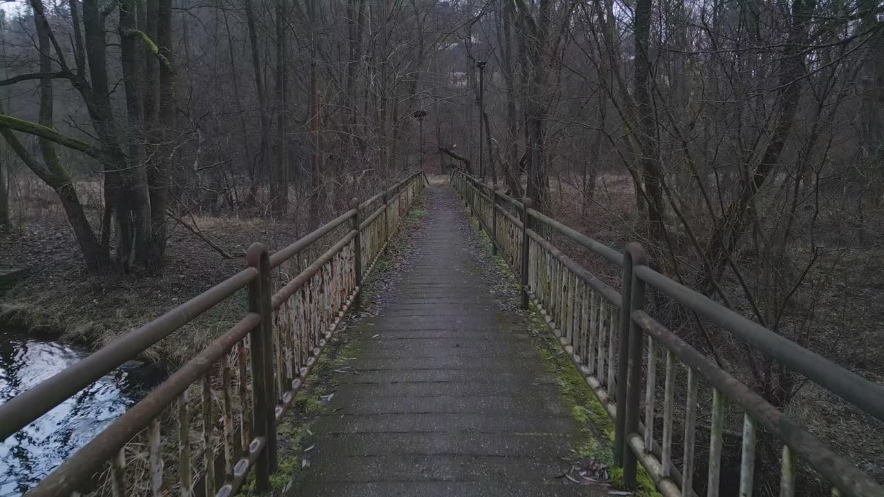 Drone POV moves over rusty derelict river footbridge into eerie stark forest