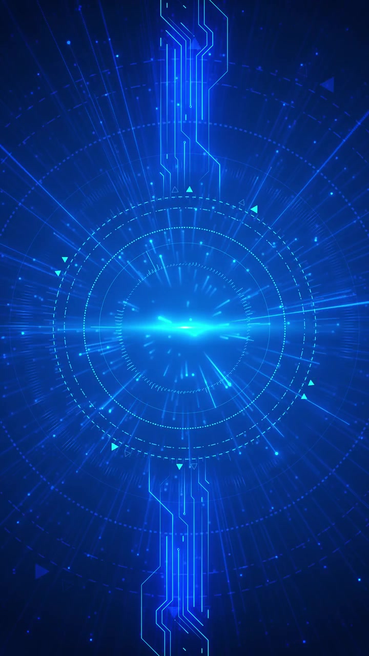 Fondo azul futurista de explosión HUD con anillos circulares luminosos, destello central brillante y líneas de circuito.