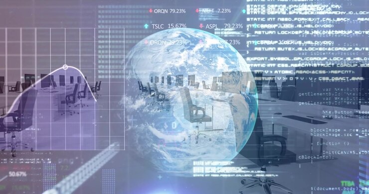 Animation of stock market data processing over globe against empty office