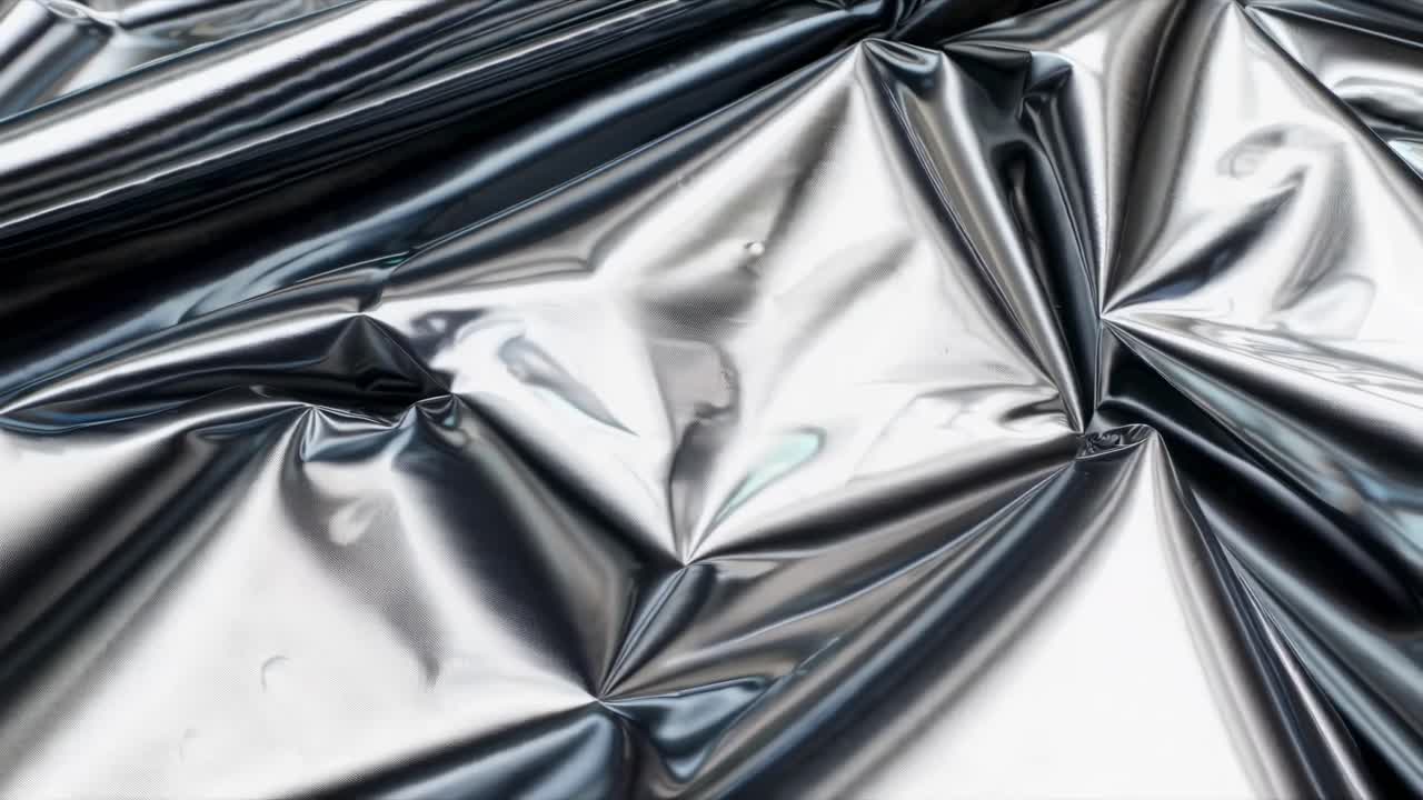 Video ravvicinato di un foglio metallico stropicciato, che mostra una texture riflettente e astratta