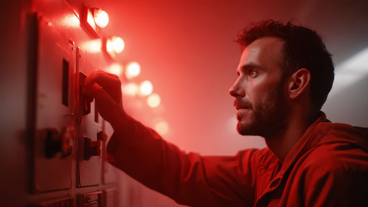 Man operates a control panel under red lighting