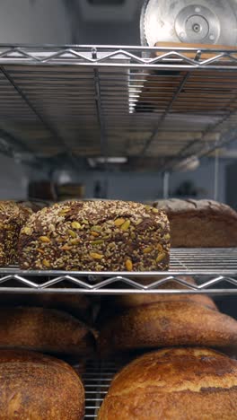 bread display on metal shelves