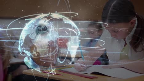 animation of globe with network of connections over schoolgirl writing