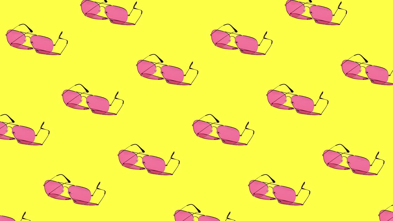 seamless looping animation of pattern with pink sunglasses on a bright yellow background. hard shadows from the sun at noon. leisure, travel and entertainment concept with copy space
