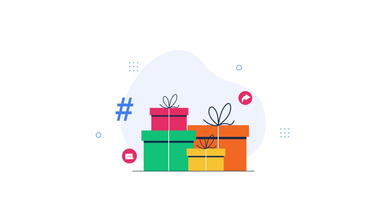 Pila animata di scatole regalo colorate con icone social