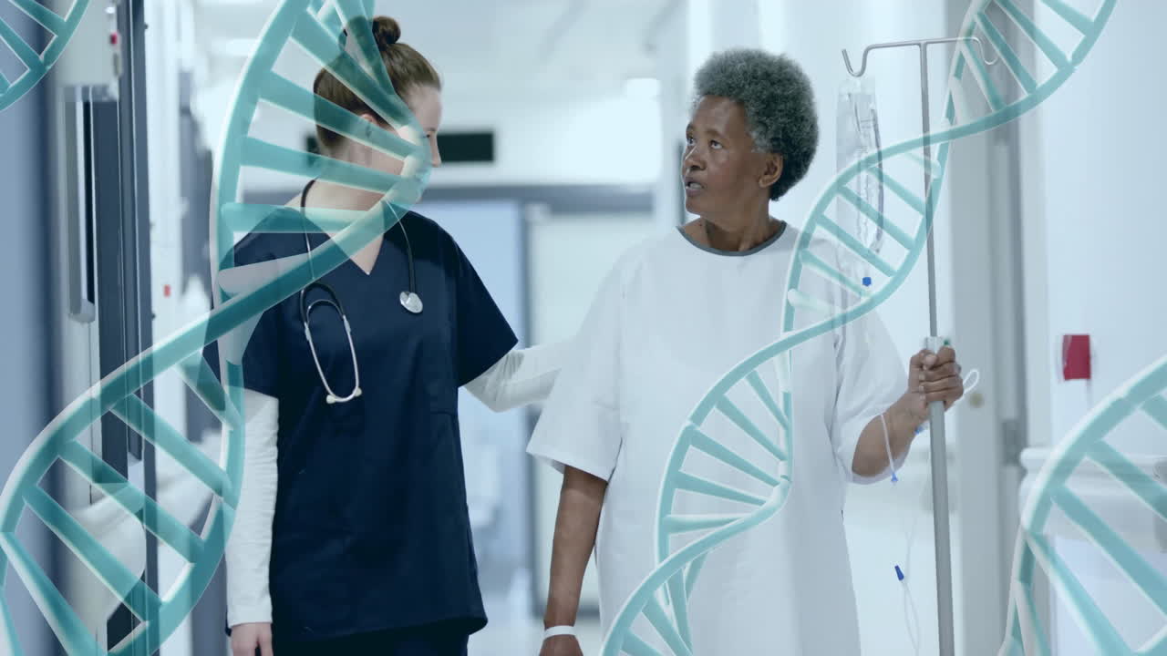 Animation of dna strands over diverse female doctor and patient in hospital