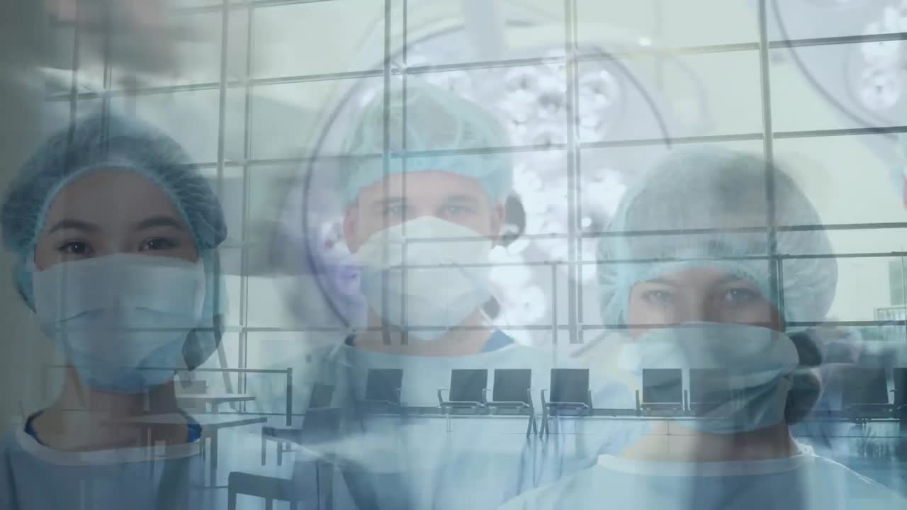 걸어다니는 사람들 위에 얼굴 마스크를 쓰고 있는 의사들의 그룹의 애니메이션