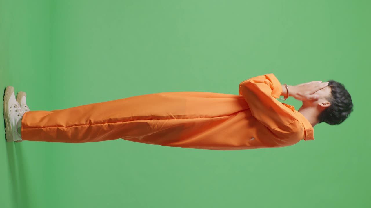 Man in Orange Jumpsuit, Stressed Expression