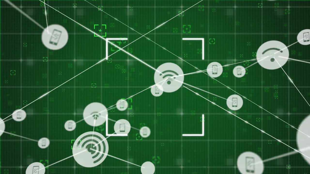 녹색 배경에 움직이는 연결된 미디어 아이콘의 범위와 네트워크의 애니메이션