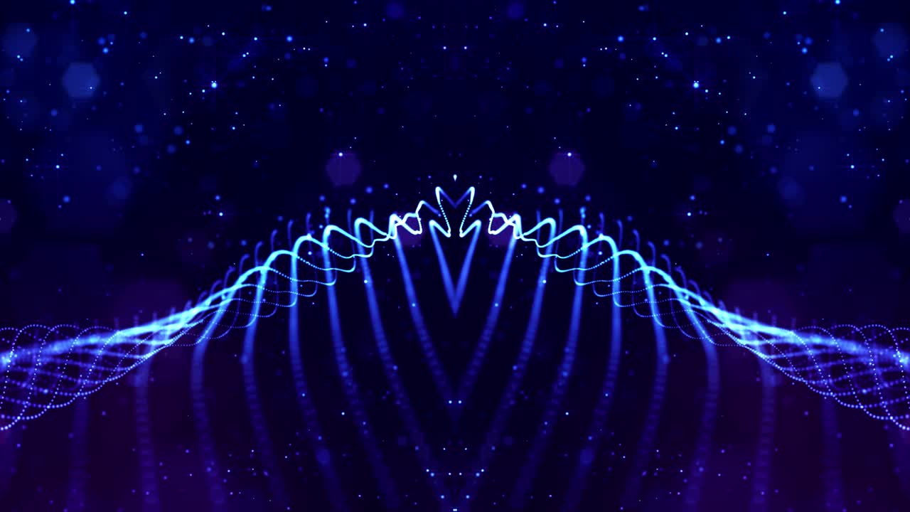 Glow blue particles form lines, symmetrical structures like in microworld or cosmic space. 4k looped sci-fi 3d abstract background. For holiday presentations, ceremonies as vj loop motion design 7