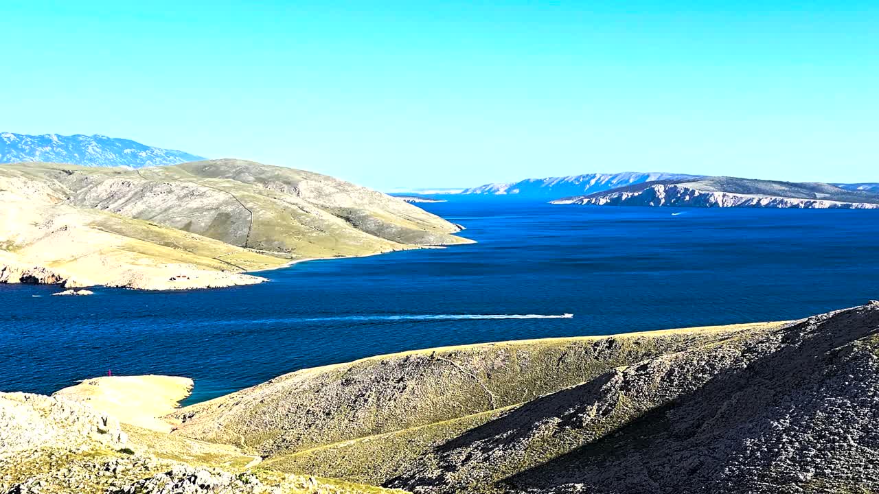 Stunning Summer Aerial View from Bag Mountain Peak in Baska, Krk Island, Croatia Scenic Panorama of Adriatic Sea, Coastal Islands, Clear Blue Sky and Mediterranean Landscape