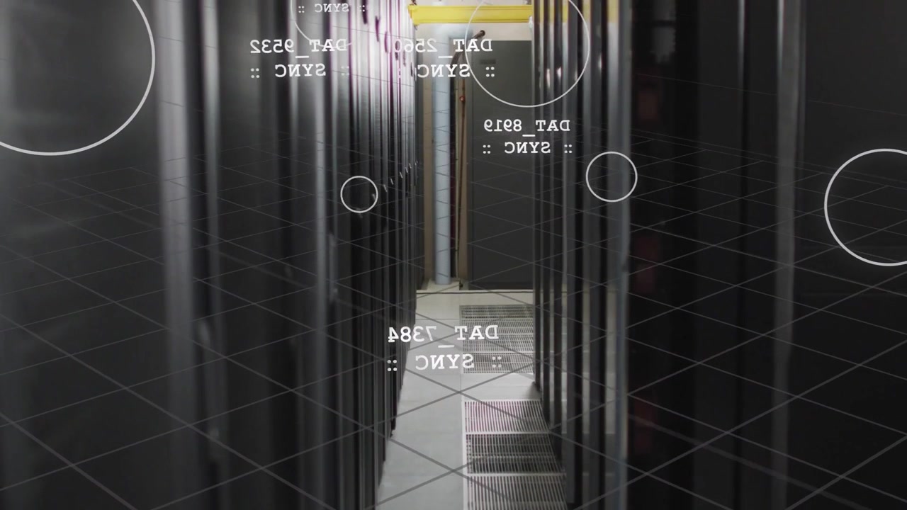 Camera starting forward tracking down narrow rack aisle revealing vent, conduit, HUD syncing status